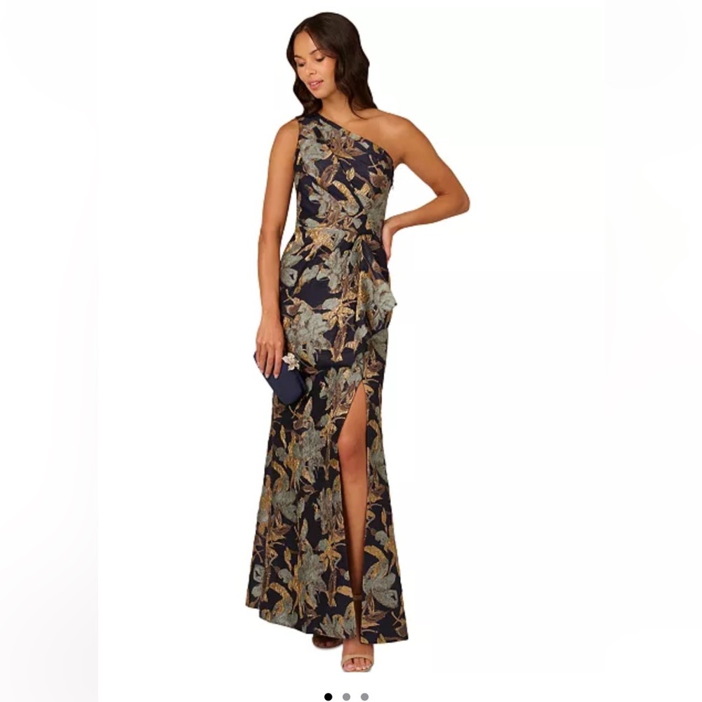 Adrianna Papell One-Shoulder Blue Gold Jacquard Dress